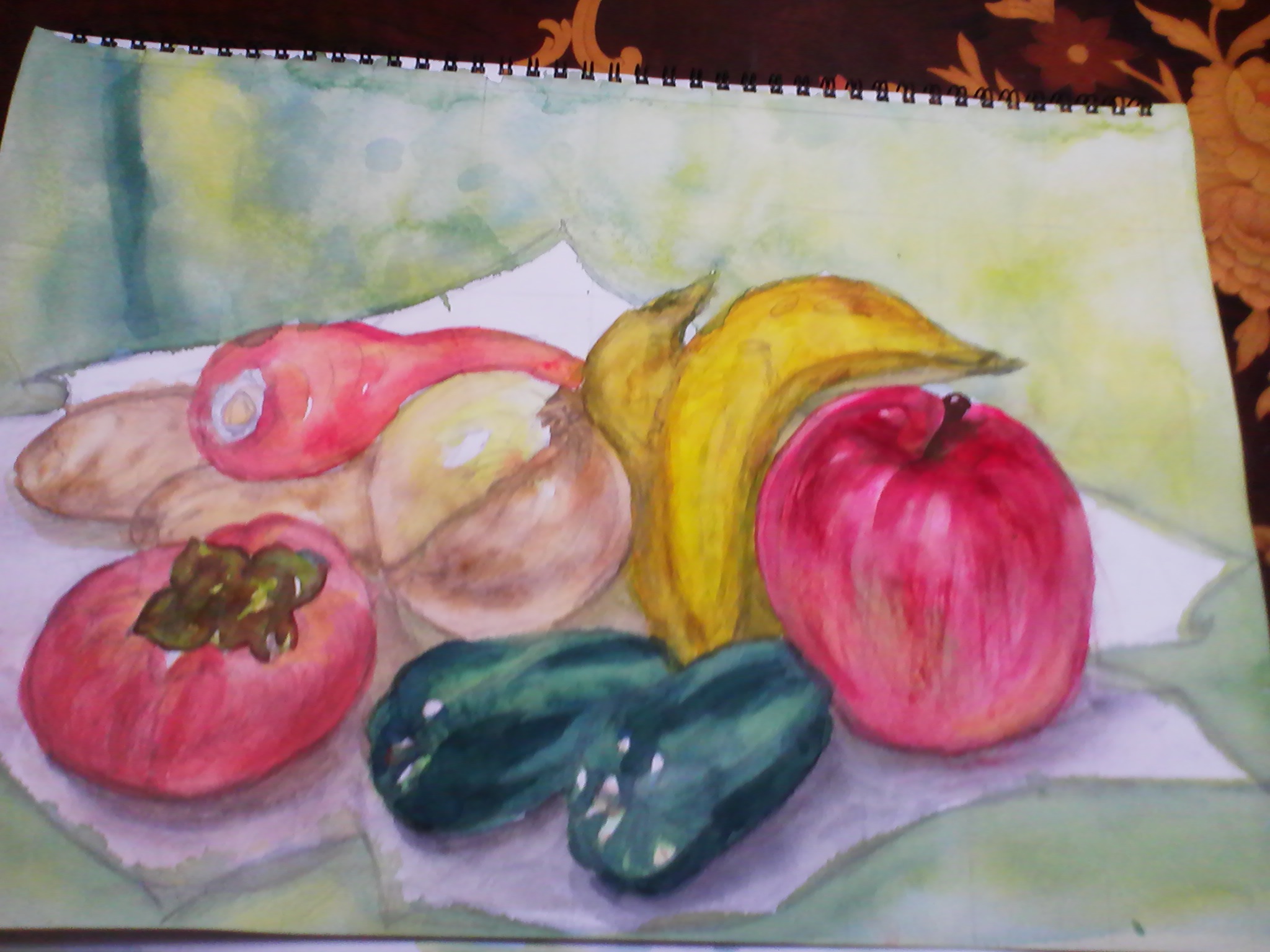 果物と野菜達のコミュニケーション 水彩画 ももの水彩画日記